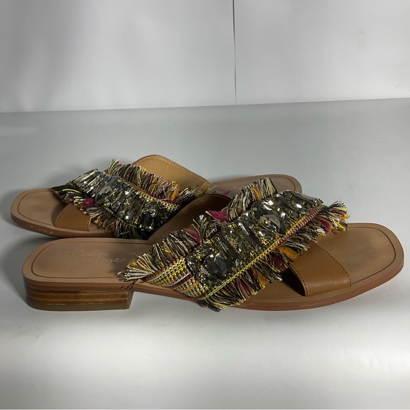Crown Vintage Somaya Fringe Boho Jeweled Slip on Leather Open Toe Sandals Tan 9M - Picture 9 of 16